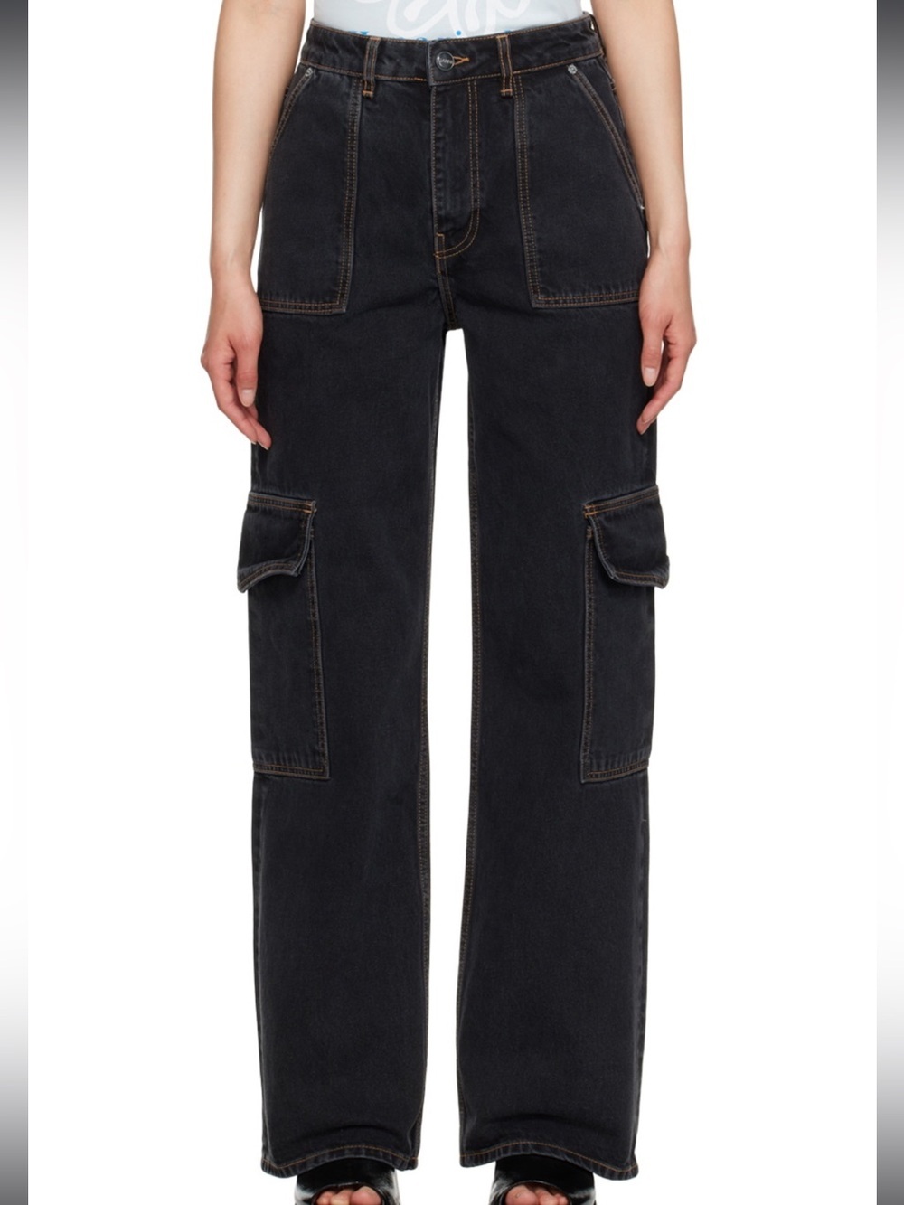GANNI Washed Black Cargo Jeans Wide Leg Organic Cotton Womens Size 24 - Picture 1 of 9